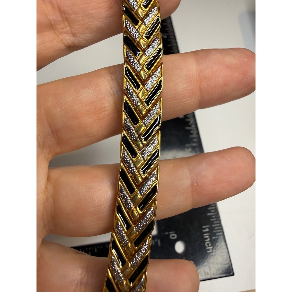 Gold Tone Herringbone Link Bracelet Black Enamel Silver Texture Chevron 7.25in